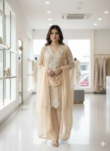 MODERN GEORGETTE SEQUENCE EMBROIDERY WORK TOP PALAZZO WITH DUPATTA CREAM