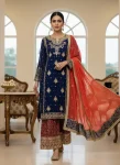 MODERN GEORGETTE SEQUENCE WITH ZARI EMBROIDERY WORK WITH PEARL WORK TOP PALAZZO WITH DUPATTA BLUE