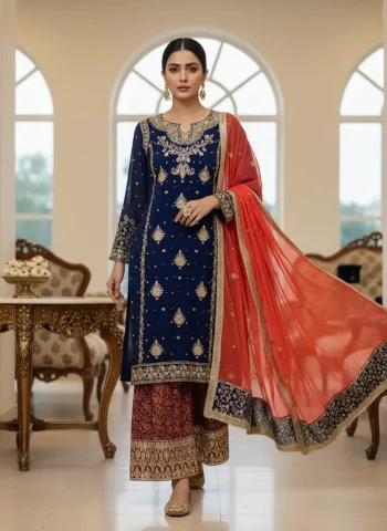 MODERN GEORGETTE SEQUENCE WITH ZARI EMBROIDERY WORK WITH  PEARL WORK TOP PALAZZO WITH DUPATTA BLUE