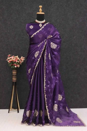 MODERN GMY CHIFFON SILK SEQUENCE WITH 2 ZARI & THREAD WORK SAREE WITH UNSTITCHED BLOUSE PURPLE