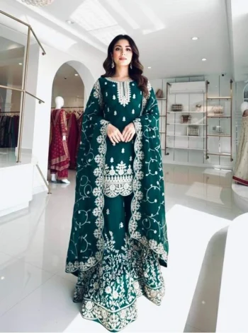 MODERN GMY SILK EMBROIDERY 3 MM SEQUENCE & CODING DORI WORK TOP PALAZZO WITH DUPATTA TEAL