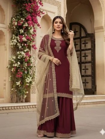 MODERN GMY SILK EMBROIDERY WORK TOP BOTTOM WITH DUPATTA MAROON