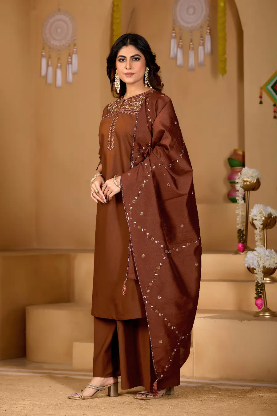 1MODERN MANGO SILK MULTI EMBROIDERY THREAD WITH HAND WORK TOP PALAZZO WITH DUPATTA FESTIVE WEAR WHOLESALE PRICE ETHNIC GARMENT (11)