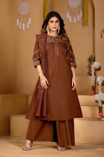 MODERN MANGO SILK MULTI EMBROIDERY THREAD WITH HAND WORK TOP PALAZZO WITH DUPATTA BROWN