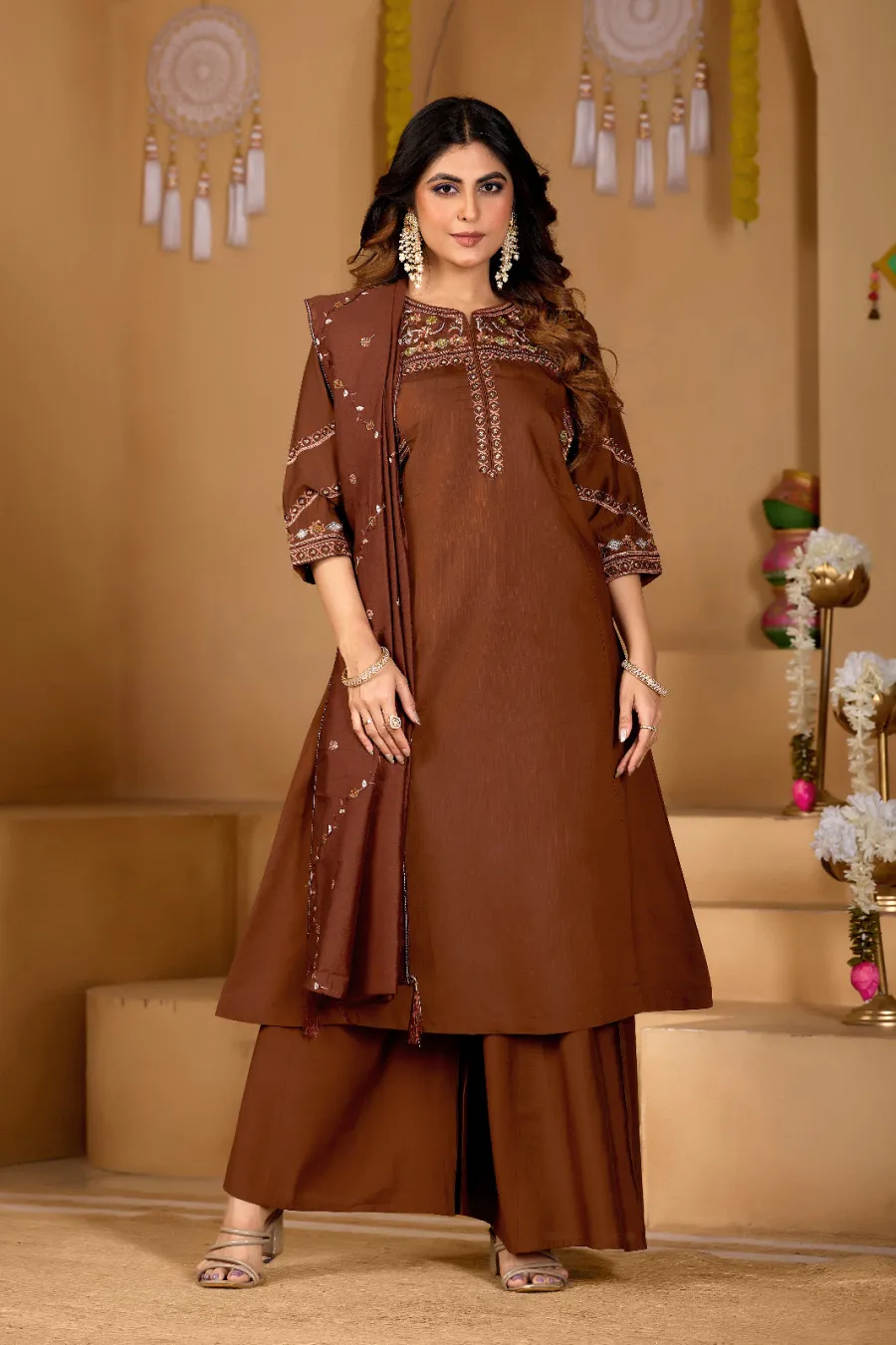 1MODERN MANGO SILK MULTI EMBROIDERY THREAD WITH HAND WORK TOP PALAZZO WITH DUPATTA FESTIVE WEAR WHOLESALE PRICE ETHNIC GARMENT (12)