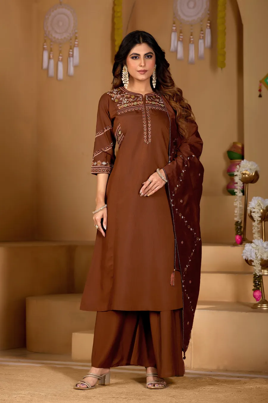 1MODERN MANGO SILK MULTI EMBROIDERY THREAD WITH HAND WORK TOP PALAZZO WITH DUPATTA FESTIVE WEAR WHOLESALE PRICE ETHNIC GARMENT (8)