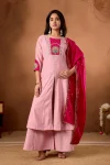 MODERN ROMAN SILK MULTI EMBROIDERY THREAD WITH BEAUTIFUL HAND WORK TOP PALAZZO WITH DUPATTA BABY PINK AND PINK