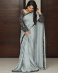 MODERN SATIN SILK SEQUENCE WORK LACE BORDER READY TO WEAR SAREE WITH STITCHED BLOUSE GREY