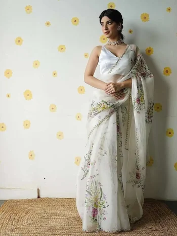 MODERN TABBY SILK FLORAL PRINT WITH SEQUENCE AND CUTDANA HANDWORK SAREE WITH UNSTITCHED BLOUSE OFF WHITE