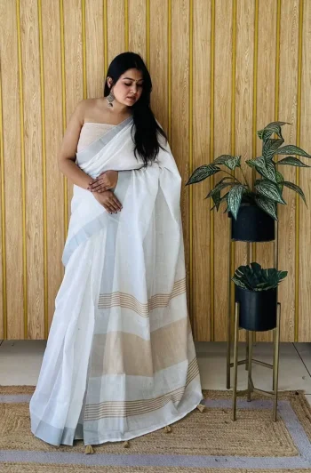 NEW ARRIVAL LINEN COTTON PLAIN WITH ZALAR WORK SAREE WITH UNSTITCHED BLOUSE CREAM
