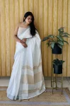 NEW ARRIVAL LINEN COTTON PLAIN WITH ZALAR WORK SAREE WITH UNSTITCHED BLOUSE CREAM