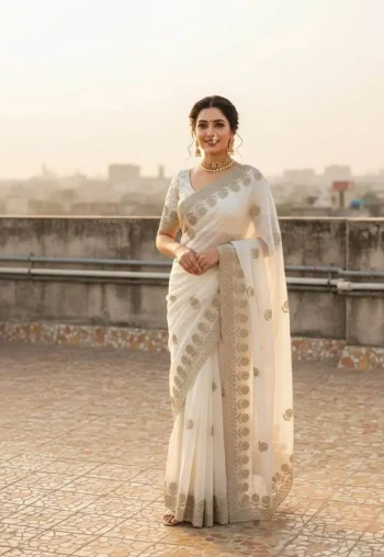 RICH LOOK FENDY SATIN BEADS EMBROIDERY AND BUTTA WORK WITH CUTWORK BORDER WORK SAREE WITH UNSTITCHED BLOUSE OFF WHITE
