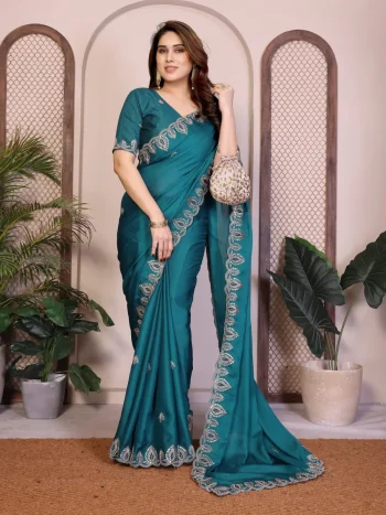 RICH LOOK SATIN CHIFFON EMBROIDERY WORK LACE BORDER SAREE WITH UNSTITCHED BLOUSE RAMA