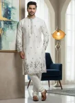 RICH LOOK SILK THREAD AND SEQUENCE WORK MEN'S KURTA PAYJAMA WHITE