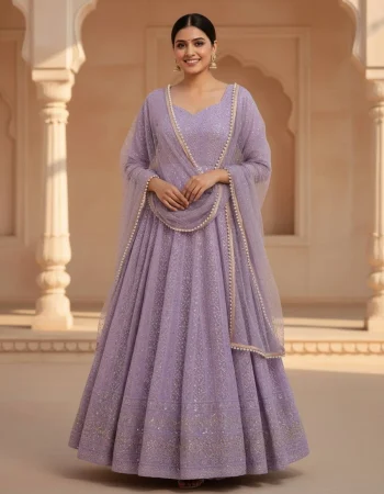 DESIGNER GEORGETTE SEQUENCE & ZARI THREAD EMBROIDERY WORK GOWN BOTTOM WITH DUPATTA LAVENDER