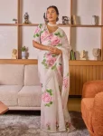 MODERN TABBY SILK FLORAL PRINTS WITH PEARL HANDWORK IN BORDER WORK SAREE WITH UNSTITCHED BLOUSE OFF WHITE