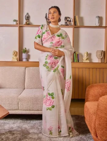 MODERN TABBY SILK FLORAL PRINTS WITH PEARL HANDWORK IN BORDER WORK SAREE WITH UNSTITCHED BLOUSE OFF WHITE