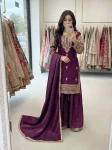 DESIGNER GMY SILK EMBROIDERY SEQUENCE WORK WITH RIVET MOTI WORK TOP PALAZZO WITH DUPATTA PURPLE