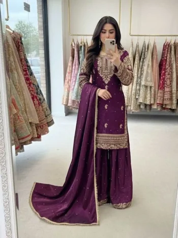 DESIGNER GMY SILK EMBROIDERY SEQUENCE WORK WITH RIVET MOTI WORK TOP PALAZZO WITH DUPATTA PURPLE
