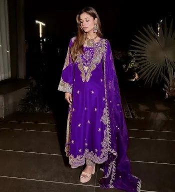 MODERN CHINON SILK THREAD & SEQUENCE EMBROIDERY WORK TOP, BLOUSE ,BOTTOM AND WITH DUPATTA PURPLE