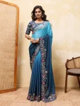MODERN STAR GEORGETTE EMBROIDERY CUTWORK WORK ARC BORDER WORK SAREE WITH UNSTITCHED BLOUSE TEAL