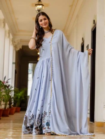 DESIGNER CHINON EMBROIDERY WORK GOWN WITH DUPATTA LAVENDER