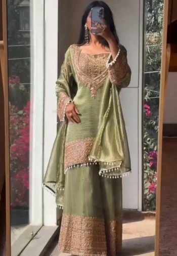 DESIGNER FENDY SILK EMBROIDERY SEQUENCE WITH LACE BORDER WORK TOP PALAZZO WITH DUPATTA MEHNDI
