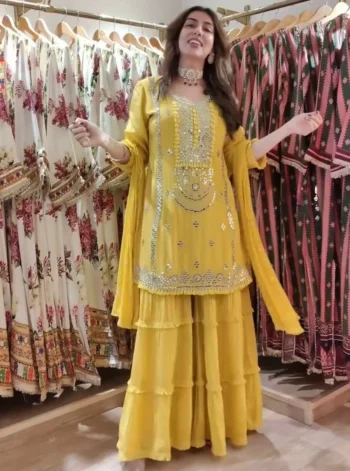 DESIGNER GEORGETTE THREAD & 9 MM SEQUENCE WORK TOP SHARARA WITH DUPATTA YELLOW