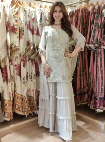 DESIGNER GEORGETTE THREAD & 9 MM SEQUENCE WORK TOP SHARARA WITH DUPATTA GREY