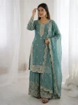 DESIGNER FENDY SILK EMBROIDERY CODING AND SEQUENCE WORK TOP PALAZZO WITH DUPATTA RAMA
