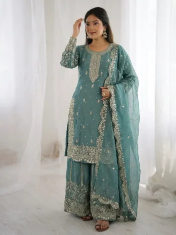 DESIGNER FENDY SILK EMBROIDERY CODING AND SEQUENCE WORK TOP PALAZZO WITH DUPATTA RAMA