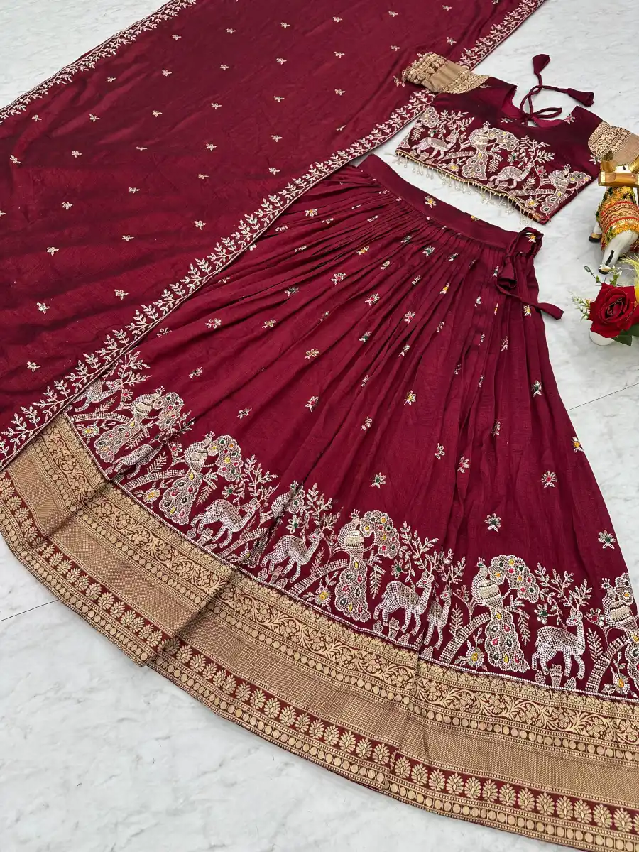23DESIGNER VICHITRA SILK EMBROIDERY SEQUENCE WITH THREAD & READYMADE LACE WORK LEHENGA CHOLI WITH DUPATTA WEDDING WEAR WHOLESALE PRICE ETHNIC GARMENT (12)