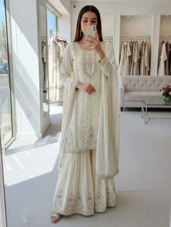 MODERN CHINON SILK EMBROIDERY CODING, MULTI THREAD, SEQUENCE WITH HAND MIRROR DIAMOND WORK TOP PALAZZO WITH DUPATTA WHITE