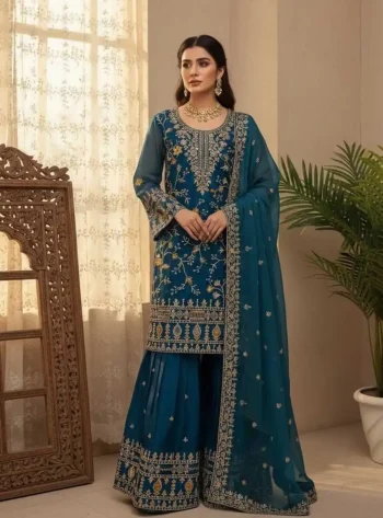 DESIGNER GMY SILK SEQUENCE EMBROIDERY WORK TOP SHARARA WITH DUPATTA FESTIVE WEAR WHOLESALE PRICE ETHNIC GARMENT TEAL