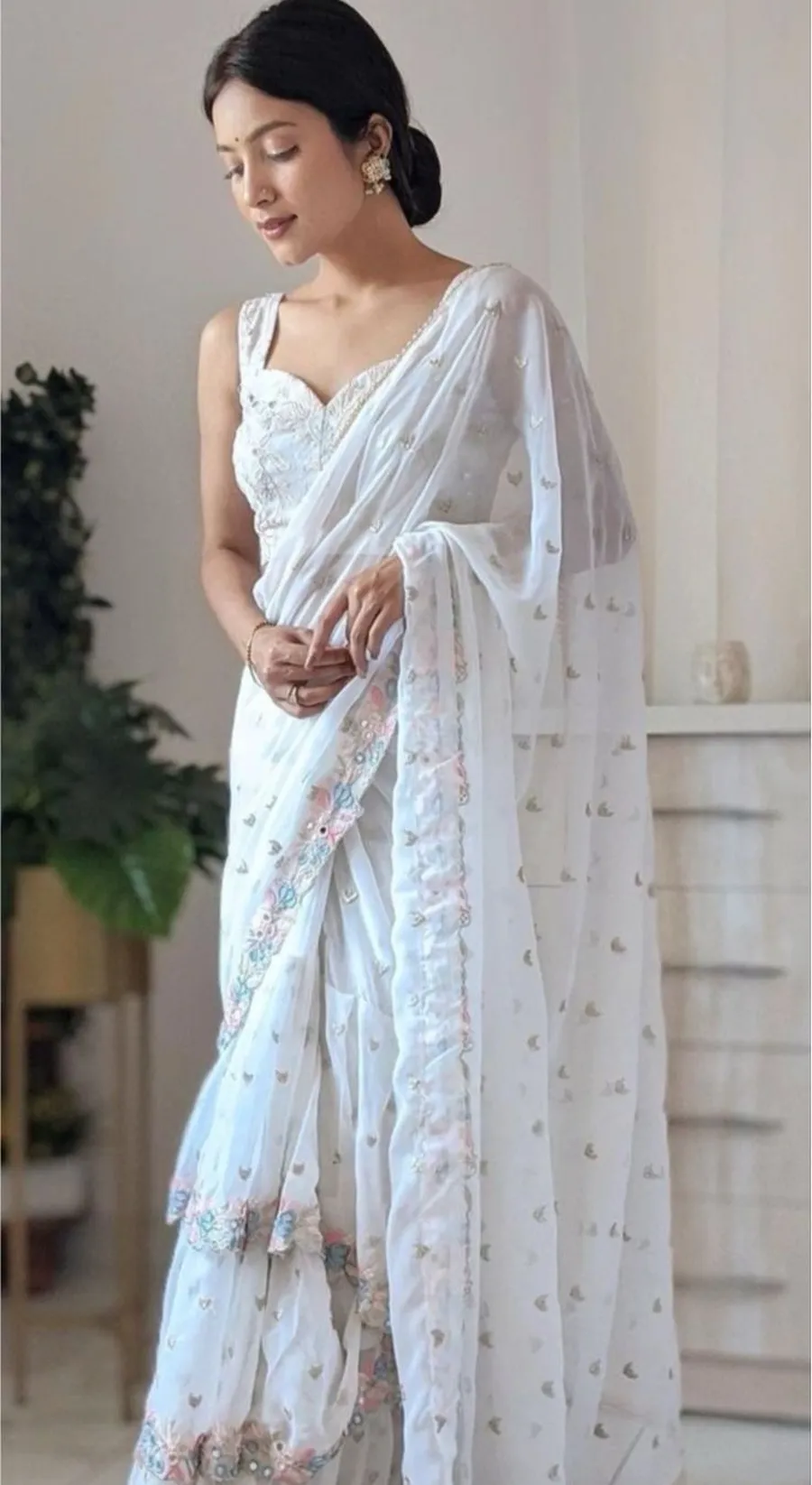 25FANCY GEORGETTE ZARI BUTTA AND MULTI EMBROIDERY LACE WITH RUFFLES AND ORIGINAL MIRROR WORK SAREE WITH UNSTITCHED BLOUSE PARTY WEAR WHOLESALE PRICE ETHNIC GARMENT (6)