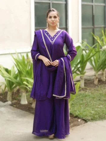 FANCY VICHITRA EMBROIDERY NECK WITH LACE BORDER WORK TOP PALAZZO WITH DUPATTA PURPLE