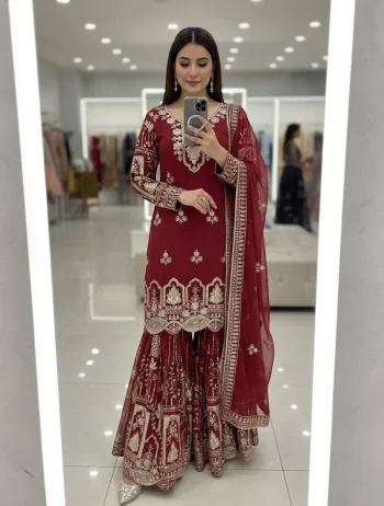 RICH LOOK GEORGETTE EMBROIDERY 5 MM SEQUENCES WORK TOP PALAZZO WITH DUPATTA RED