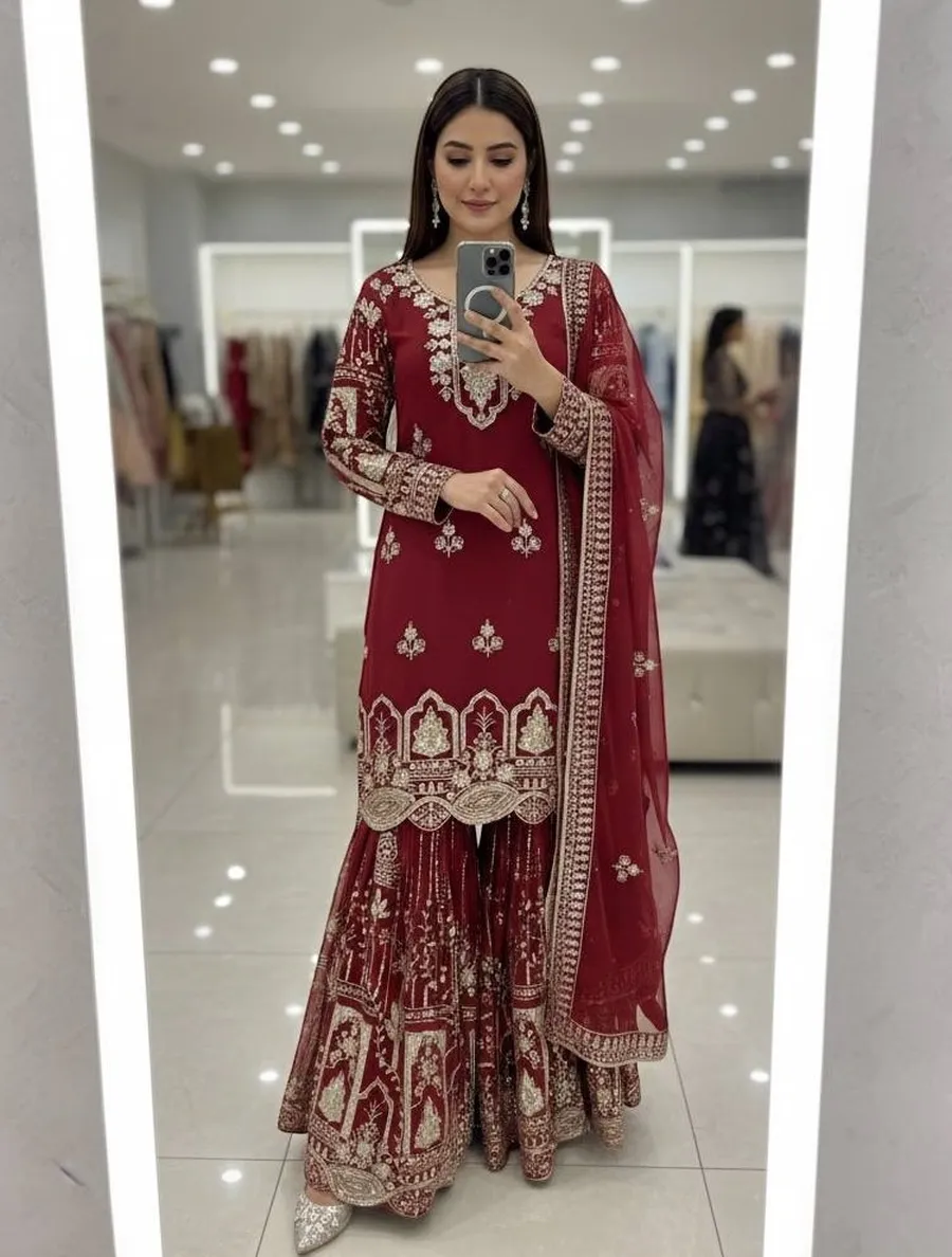 25RICH LOOK GEORGETTE EMBROIDERY 5 MM SEQUENCES WORK TOP PALAZZO WITH DUPATTA WEDDING WEAR WHOLESALE PRICE ETHNIC GARMENT (10)