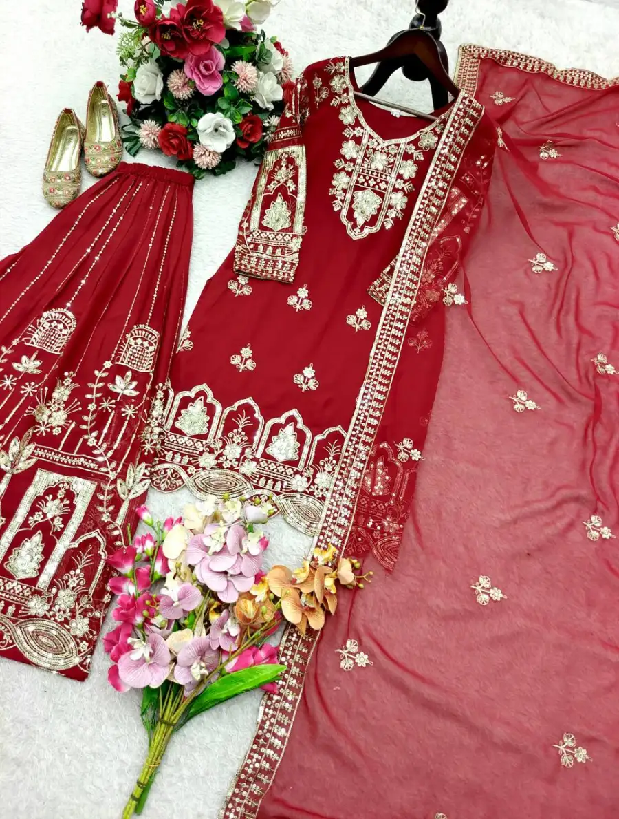 25RICH LOOK GEORGETTE EMBROIDERY 5 MM SEQUENCES WORK TOP PALAZZO WITH DUPATTA WEDDING WEAR WHOLESALE PRICE ETHNIC GARMENT (7)