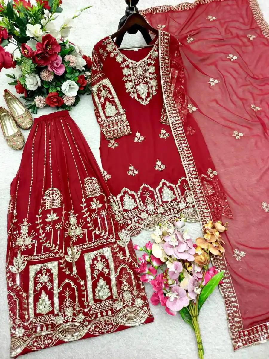 25RICH LOOK GEORGETTE EMBROIDERY 5 MM SEQUENCES WORK TOP PALAZZO WITH DUPATTA WEDDING WEAR WHOLESALE PRICE ETHNIC GARMENT (8)