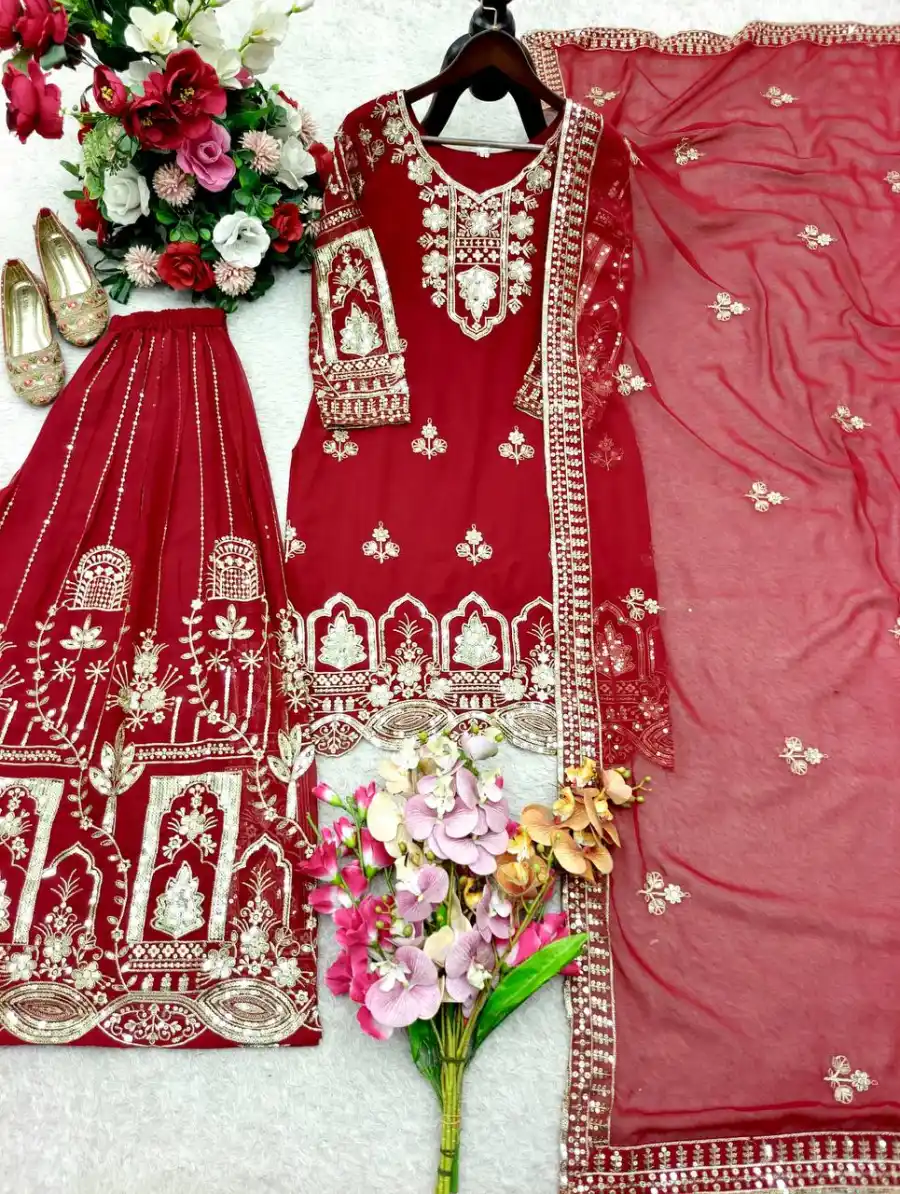25RICH LOOK GEORGETTE EMBROIDERY 5 MM SEQUENCES WORK TOP PALAZZO WITH DUPATTA WEDDING WEAR WHOLESALE PRICE ETHNIC GARMENT (9)