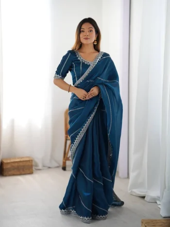 RICH LOOK JMC SILK THREAD & SEQUENCE EMBROIDERY WITH PIPING WORK SAREE WITH UNSTITCHED BLOUSE TEAL