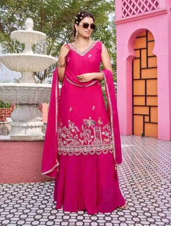 DESIGNER GEORGETTE MOTI BEADS WITH CODING SEQUENCE & THREAD EMBROIDERY WORK TOP PALAZZO WITH DUPATTA PINK
