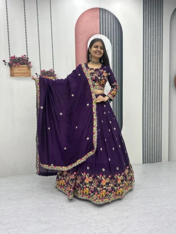 MODERN CHINON EMBROIDERY CODING THREAD WORK LEHENGA CHOLI WITH DUPATTA PURPLE
