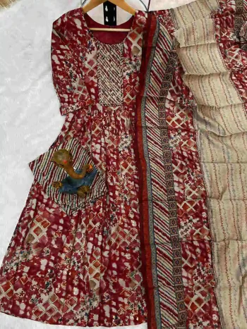 DESIGNER MODAL PRINT MULTI EMBROIDERY THREAD WITH HAND WORK TOP BOTTOM WITH DUPATTA MAROON