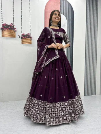 RICH LOOK GEORGETTE EMBROIDERY SEQUENCE WORK LEHENGA CHOLI WITH DUPATTA WINE