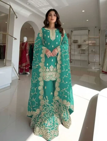 MODERN GMY SILK EMBROIDERY 3 MM SEQUENCE & CODING DORI WORK TOP PALAZZO WITH DUPATTA RAMA