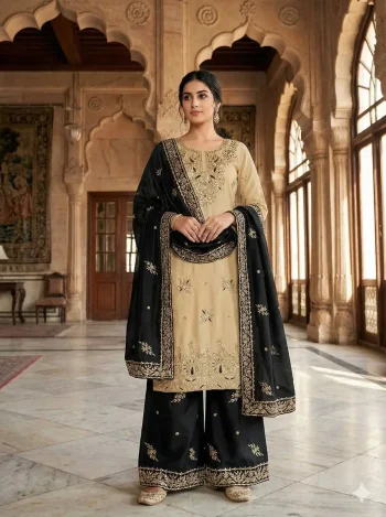 MODERN GMY SILK EMBROIDERY SEQUENCE WORK TOP PALAZZO WITH DUPATTA CREAM AND BLACK