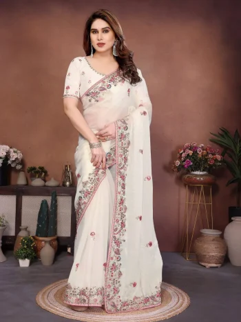 NEW ARRIVAL FENDY CHIFFON SILK EMBROIDERY CUTWORK WORK LACE BORDER WORK SAREE WITH UNSTITCHED BLOUSE OFF WHITE