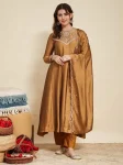 MODERN VICHITRA SILK EMBROIDERY SEQUENCE WORK TOP BOTTOM WITH DUPATTA CHIKU